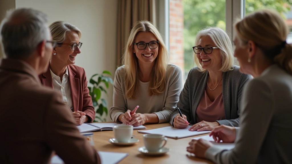 Diverse group of adults in collaborative discussion, natural setting