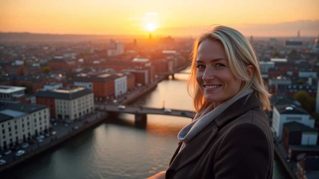 Aerial view of Dublin's Liffey River and urban landscape with historic buildings and modern architecture, golden hour lighting