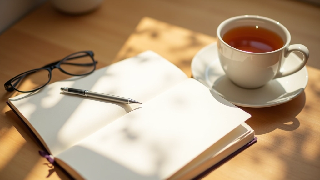 Hands writing in journal with tea cup and reading glasses nearby, warm natural lighting, wooden table