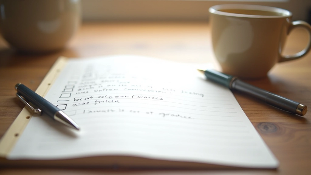 Notebook with handwritten checklist and pen, morning coffee on wooden desk with natural sunlight