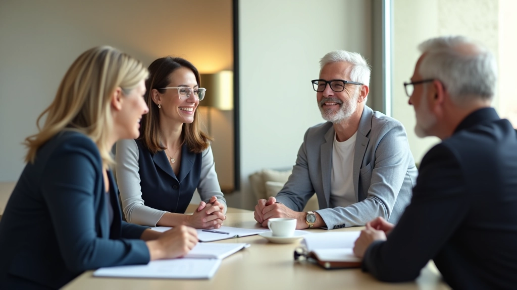 Group of four people in their 50s having an engaged discussion around a table with notebooks and coffee cups, collaborative atmosphere