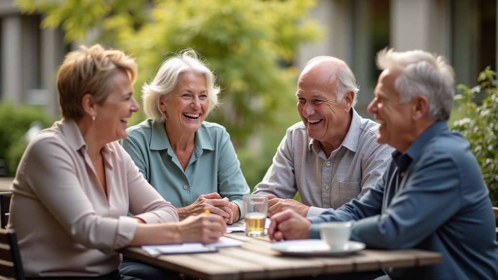 Group of mature friends laughing together at outdoor cafe, natural warm lighting, genuine connection