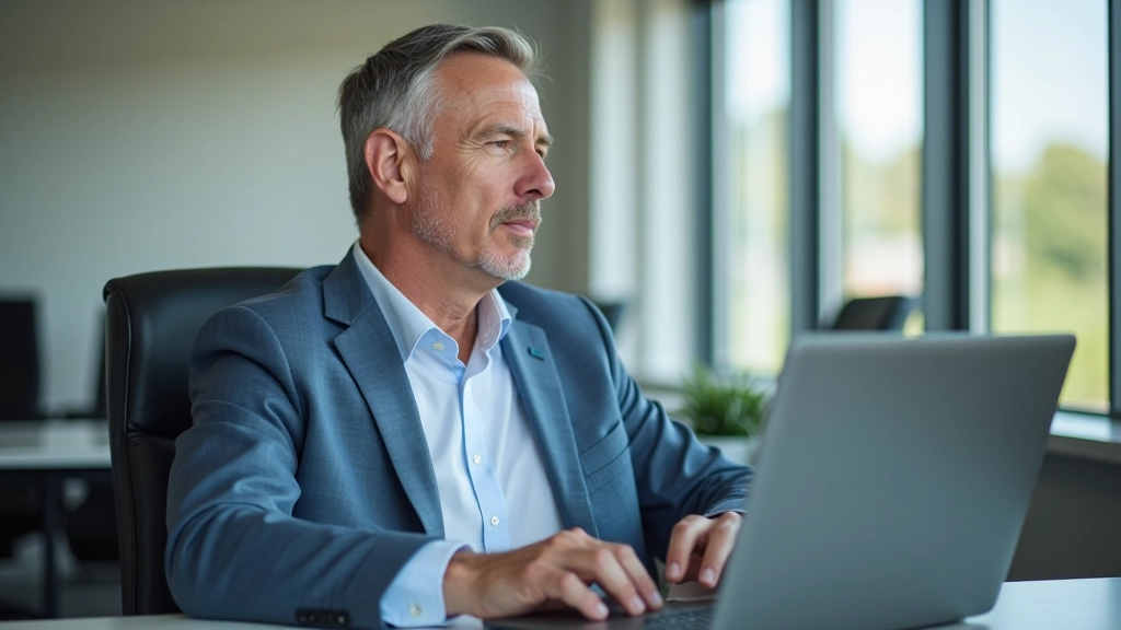 Man aged 48 sitting in modern office, looking out window thoughtfully, natural lighting, contemplative expression