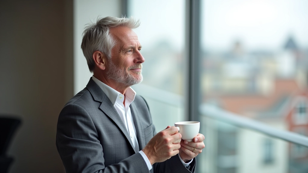 Mature man in casual blazer holding coffee cup, looking thoughtful near window with Dublin cityscape in background