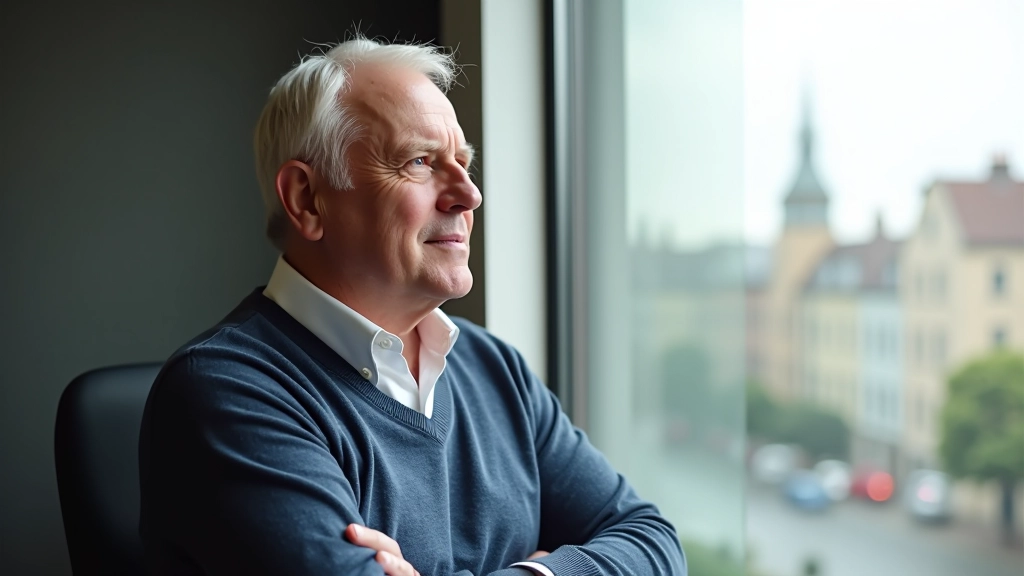 Person looking thoughtfully out office window with cityscape view, morning light