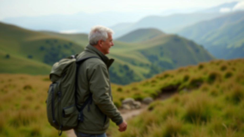 Person hiking on scenic Irish countryside trail, green hills and clear sky, active and energized