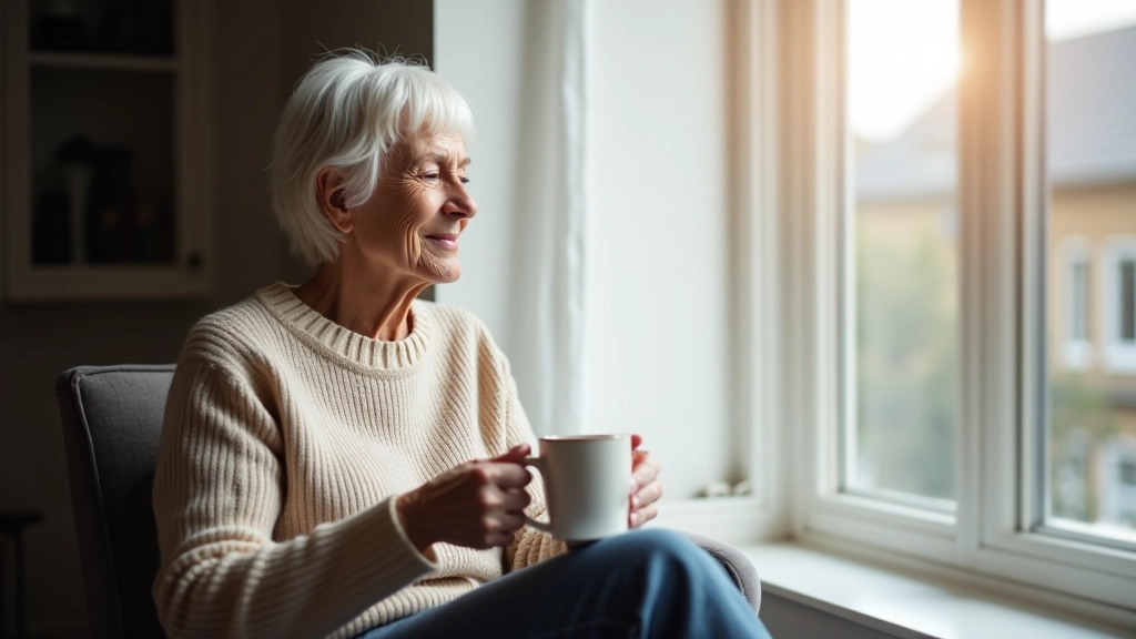 Peaceful morning scene with person enjoying coffee by window, natural light, calm and content expression