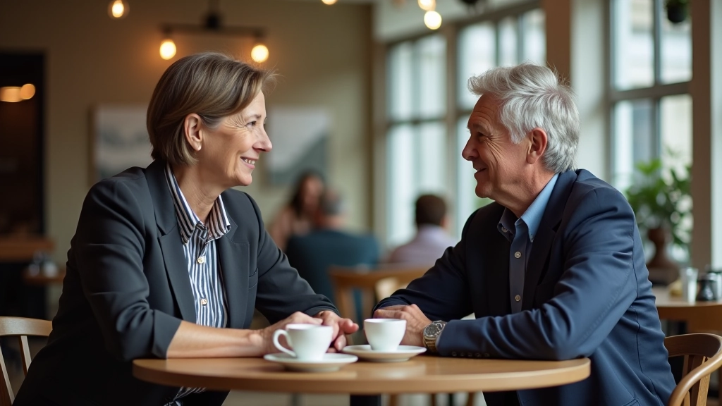 Two professionals in their 50s having a focused conversation at a modern Dublin coffee shop, warm natural lighting