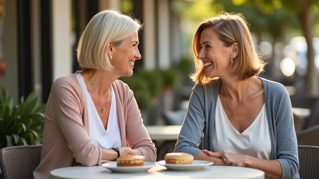 Two women aged 45-55 in conversation at café, engaged and listening, natural outdoor lighting, genuine connection