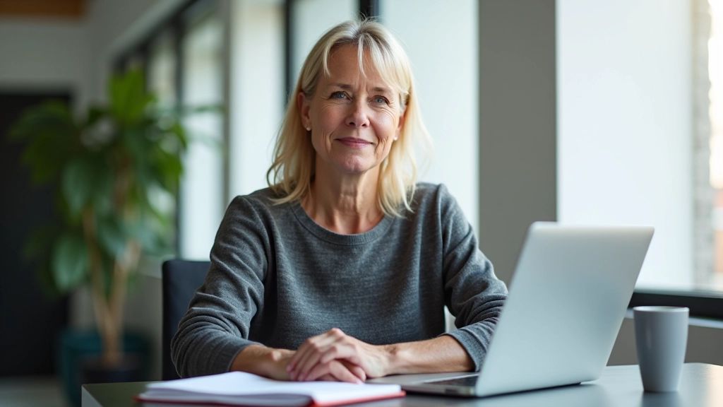 Professional woman at desk with laptop and notebook, focused on work with warm natural lighting