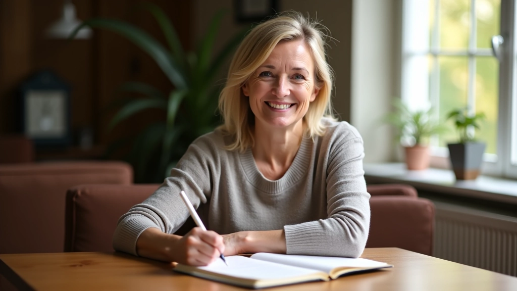 Woman writing in journal at home, natural light from window, peaceful domestic setting, focused expression