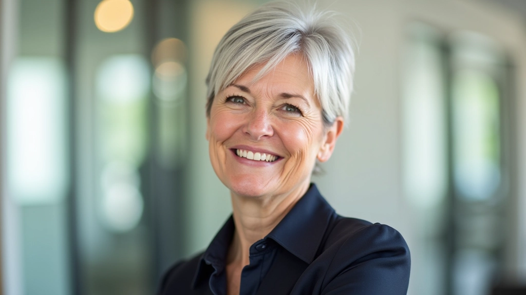 Woman in professional setting smiling thoughtfully