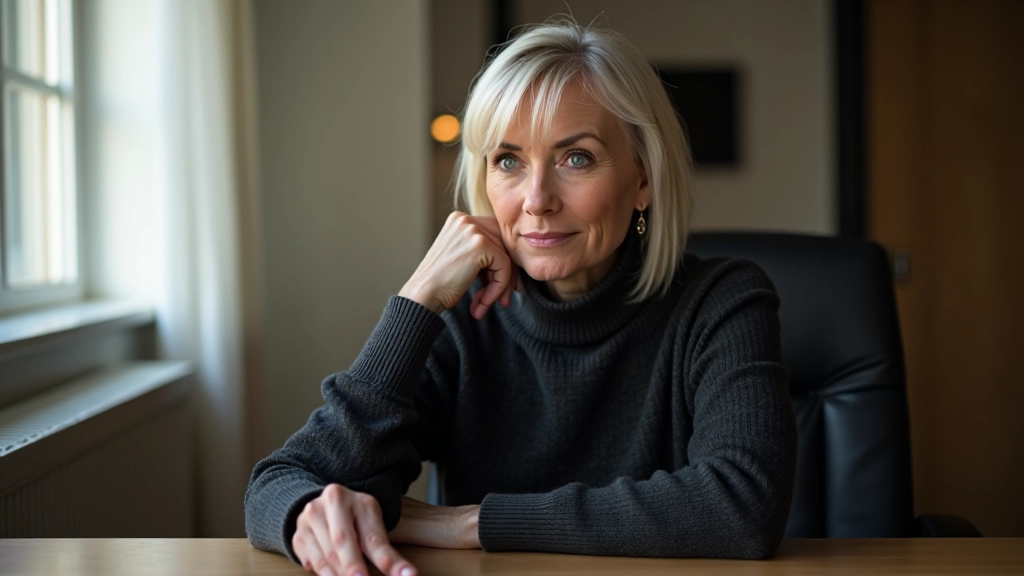 Mature professional woman at desk with reflection in window glass, thoughtful expression, morning light streaming in